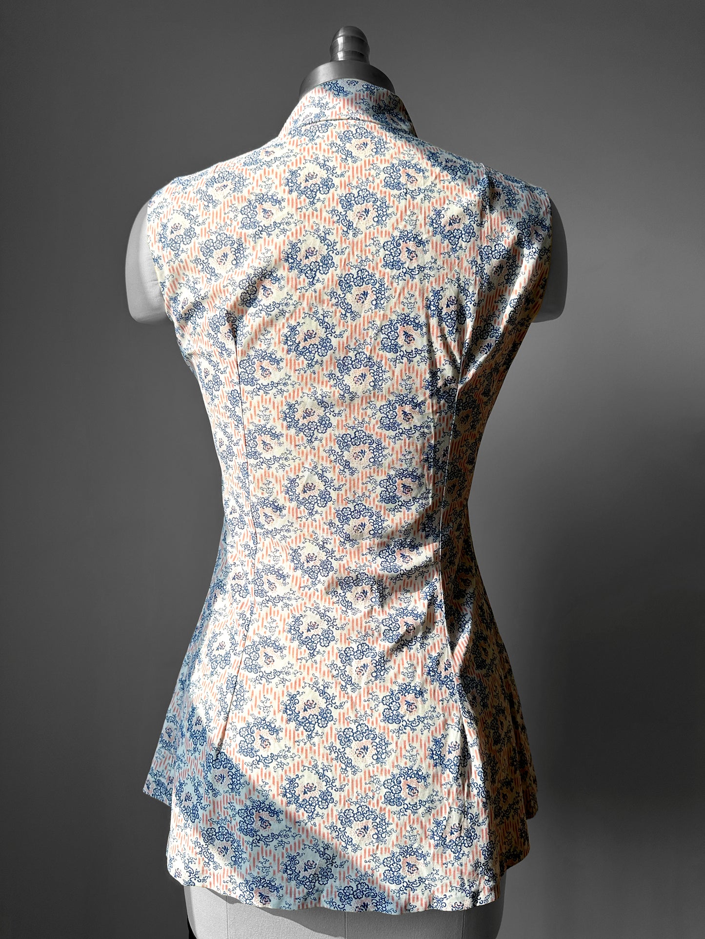 1960s Zip Front Floral Patterned Fitted Top - Sz. XS