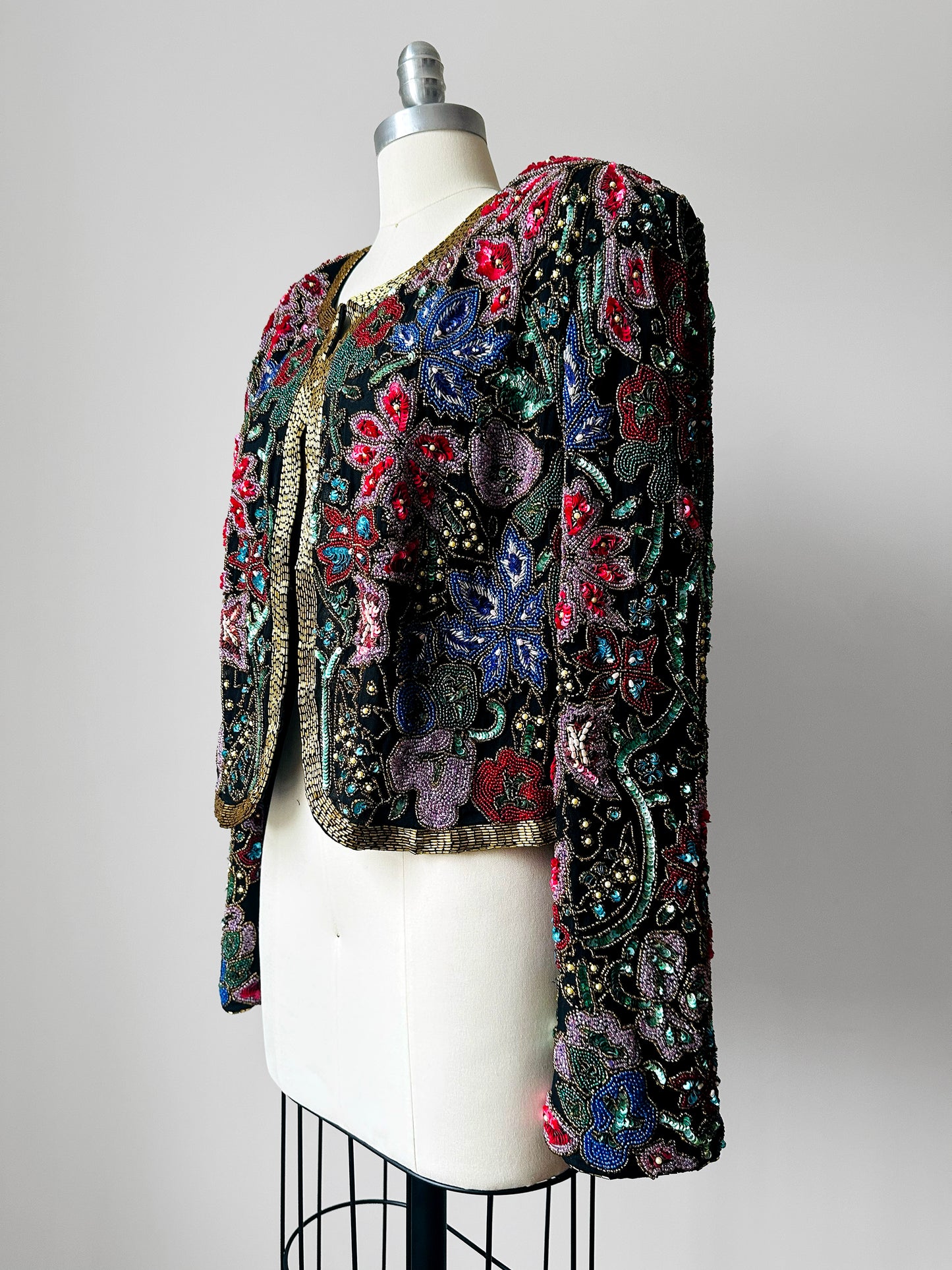 1980s Multi-Toned Beaded Sequins Open-Front Crop Silk Jacket - Sz. M/L
