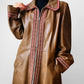 Late 1960s Saddle Brown Leather Woven Trim Metal Zipper Coat - Sz. M