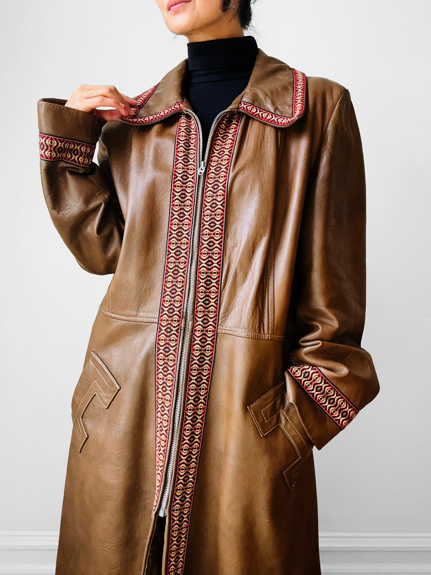 Late 1960s Saddle Brown Leather Woven Trim Metal Zipper Coat - Sz. M