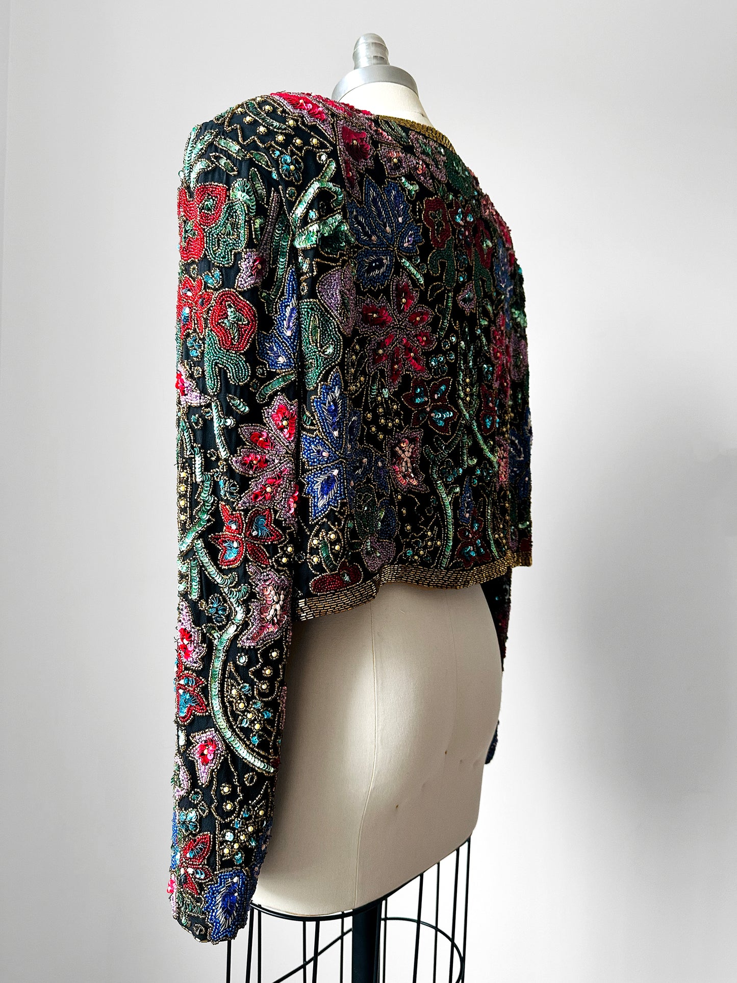 1980s Multi-Toned Beaded Sequins Open-Front Crop Silk Jacket - Sz. M/L