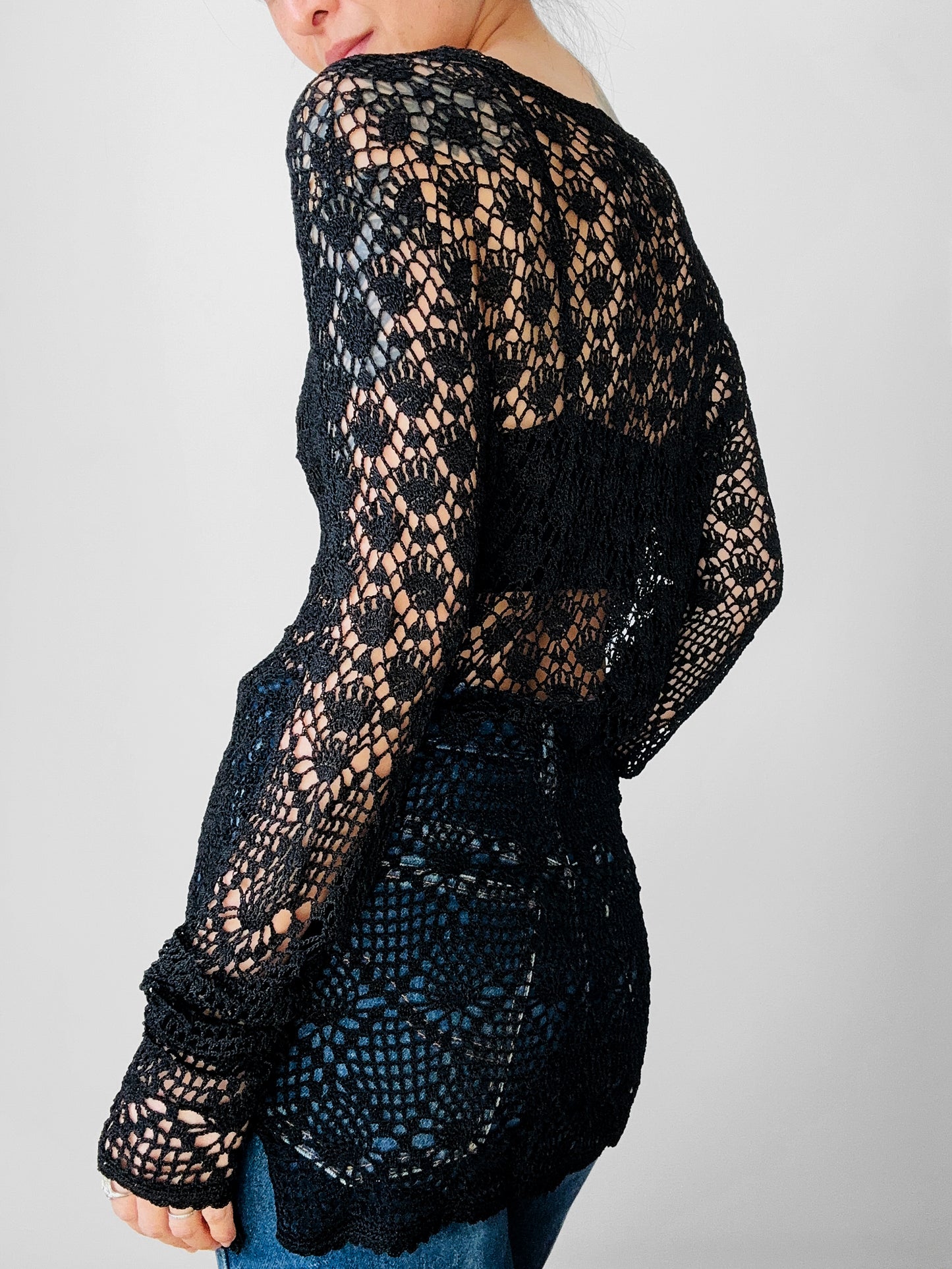 Vintage 1970s - 2000s Late 20th Century Black Netted Crochet Long Sleeve Cardigan Top - Sz. S
