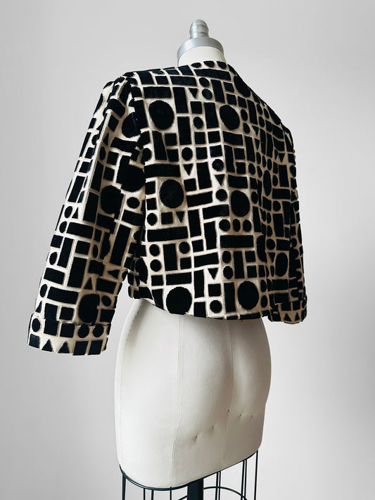 Reworked 90s Black and Off-White Crop Velvet Jacket - Sz. Sm