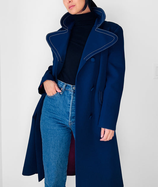 1960s - 1970s Blue Contrast Stitched Wide Lapel Midi-Length Coat