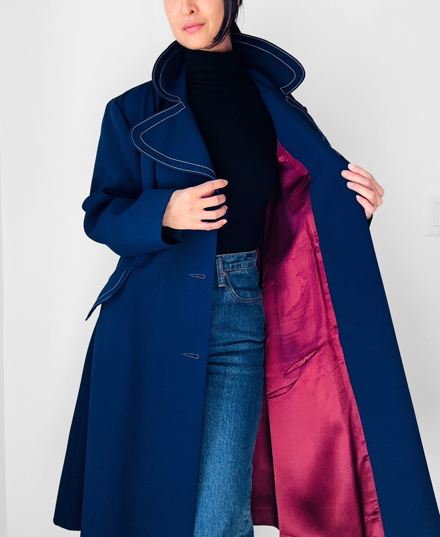 1960s - 1970s Blue Contrast Stitched Wide Lapel Midi-Length Coat