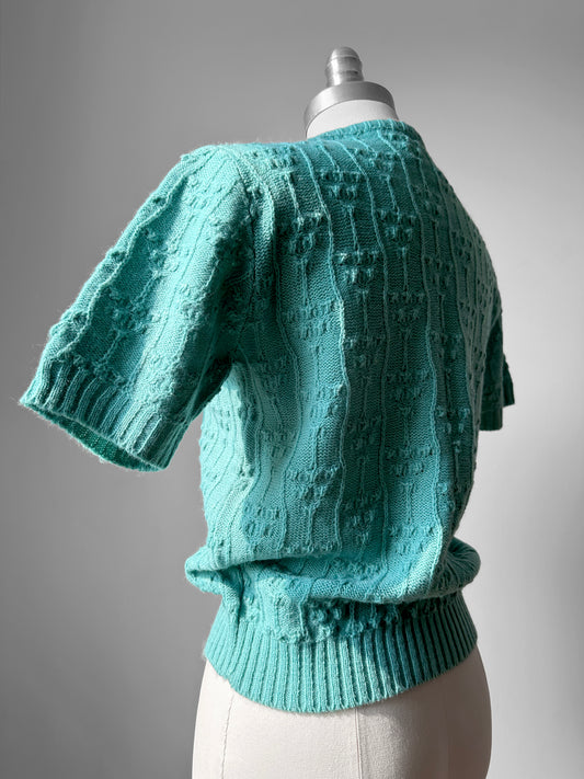 1970s - 1980s Minty Green Textured Short Sleeve Knit Top - Sz. S/M