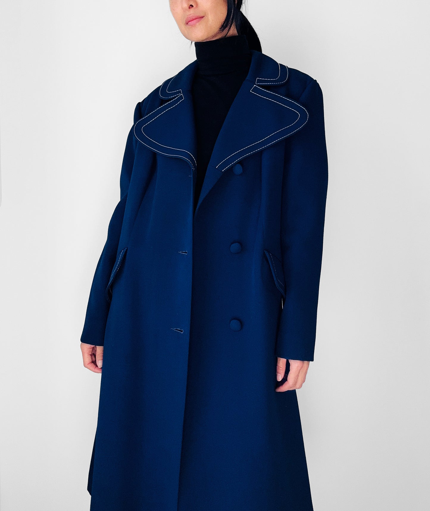 1960s - 1970s Blue Contrast Stitched Wide Lapel Midi-Length Coat