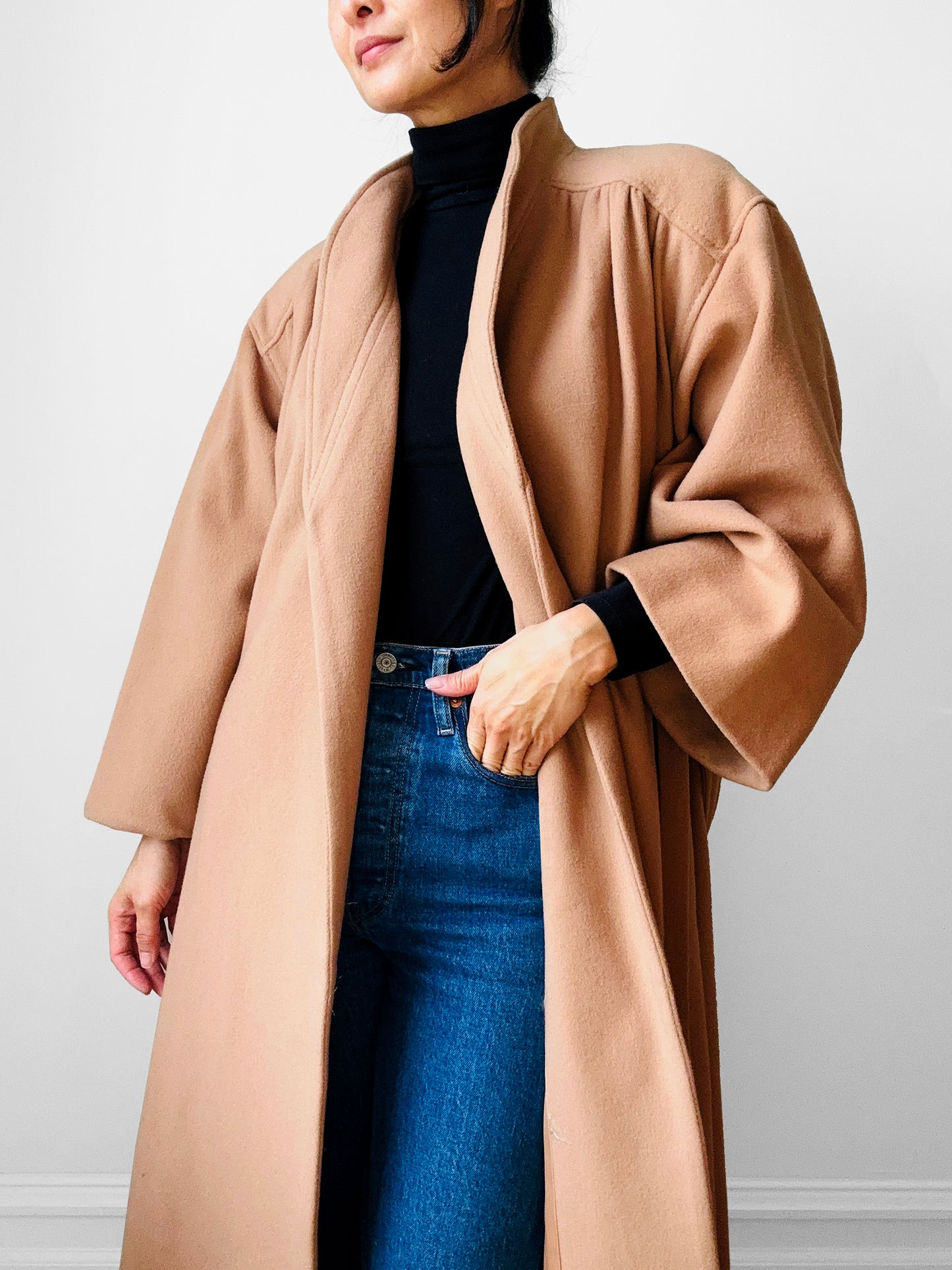 1960s Camel Toned Wool Robe-Style Belted Coat  - Sz. Small