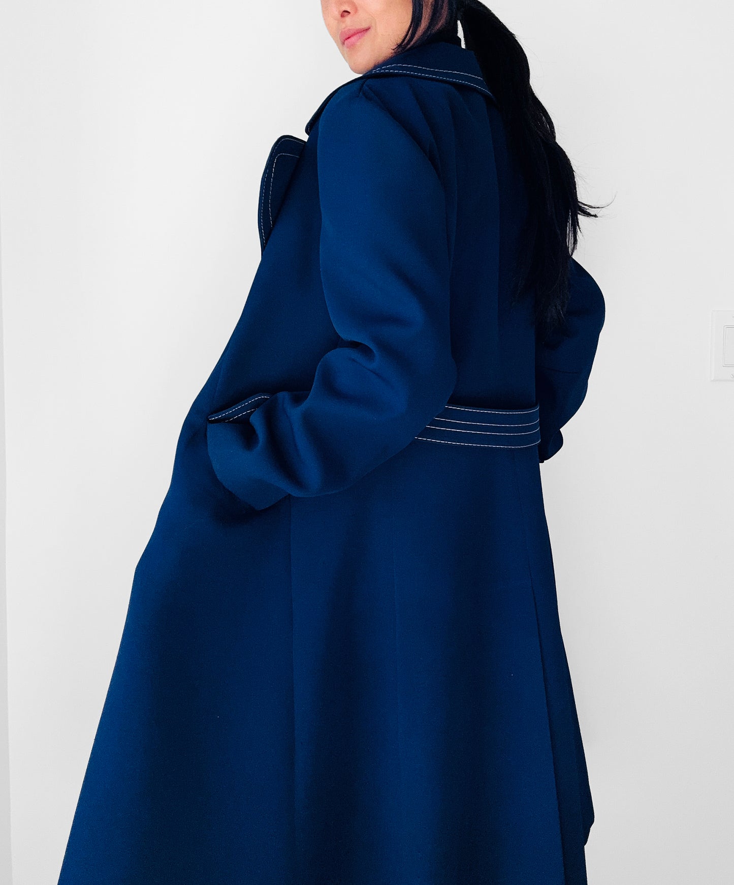 1960s - 1970s Blue Contrast Stitched Wide Lapel Midi-Length Coat