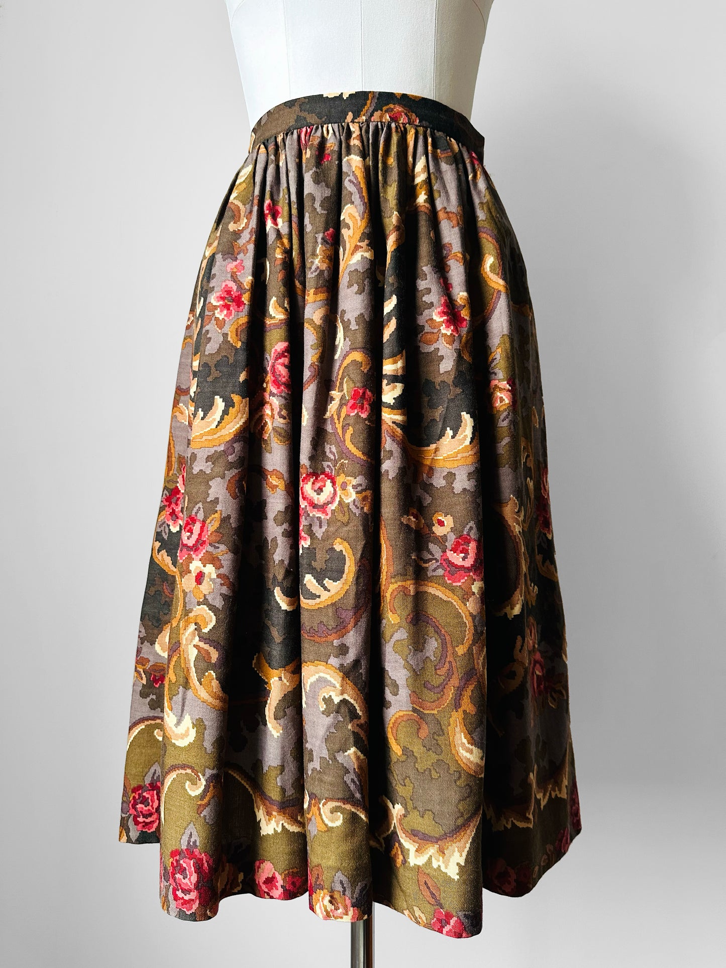 1980s Olive and Pink Pixel Floral Wool Skirt - Sz. XS/Sm