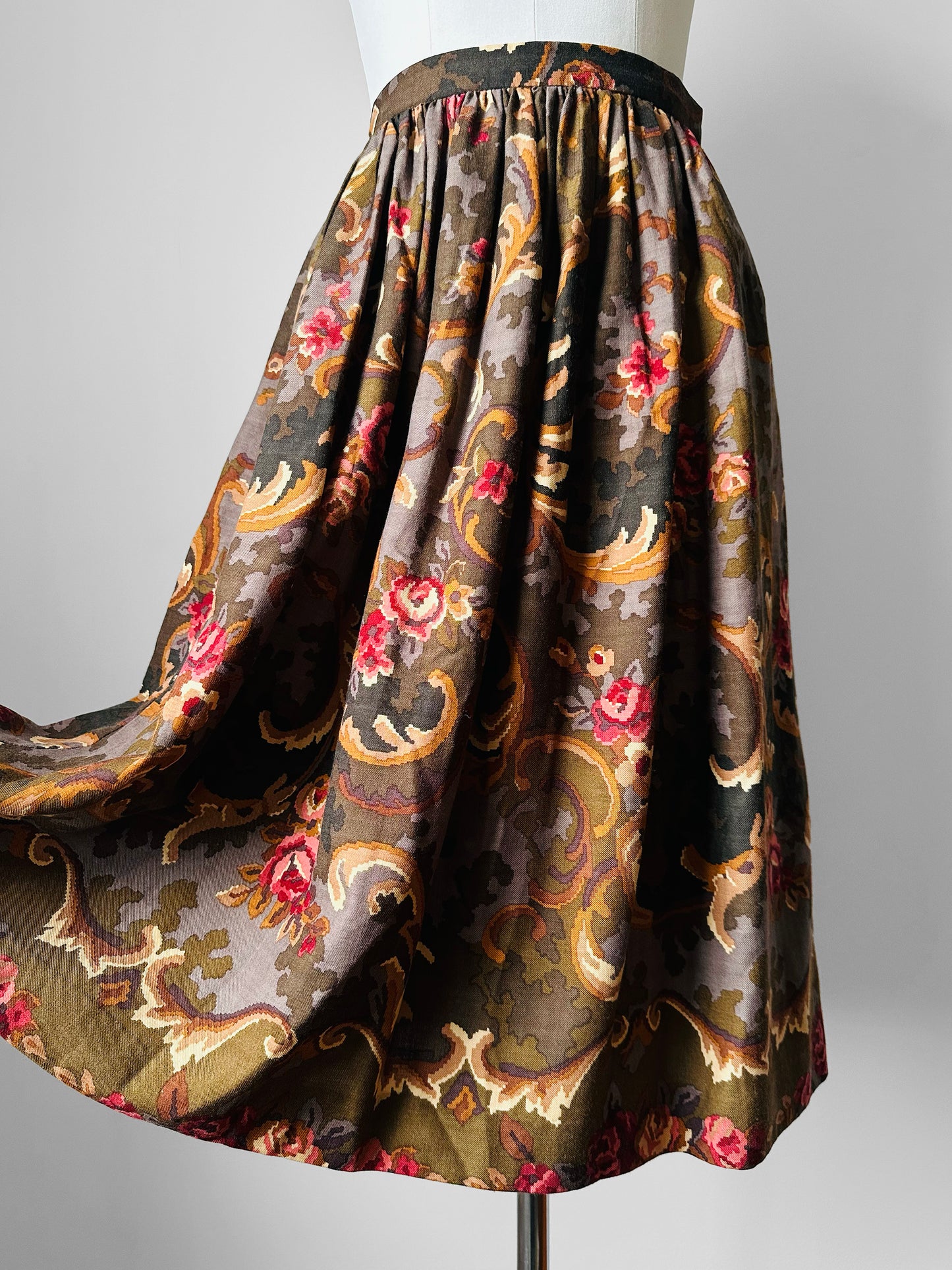 1980s Olive and Pink Pixel Floral Wool Skirt - Sz. XS/Sm