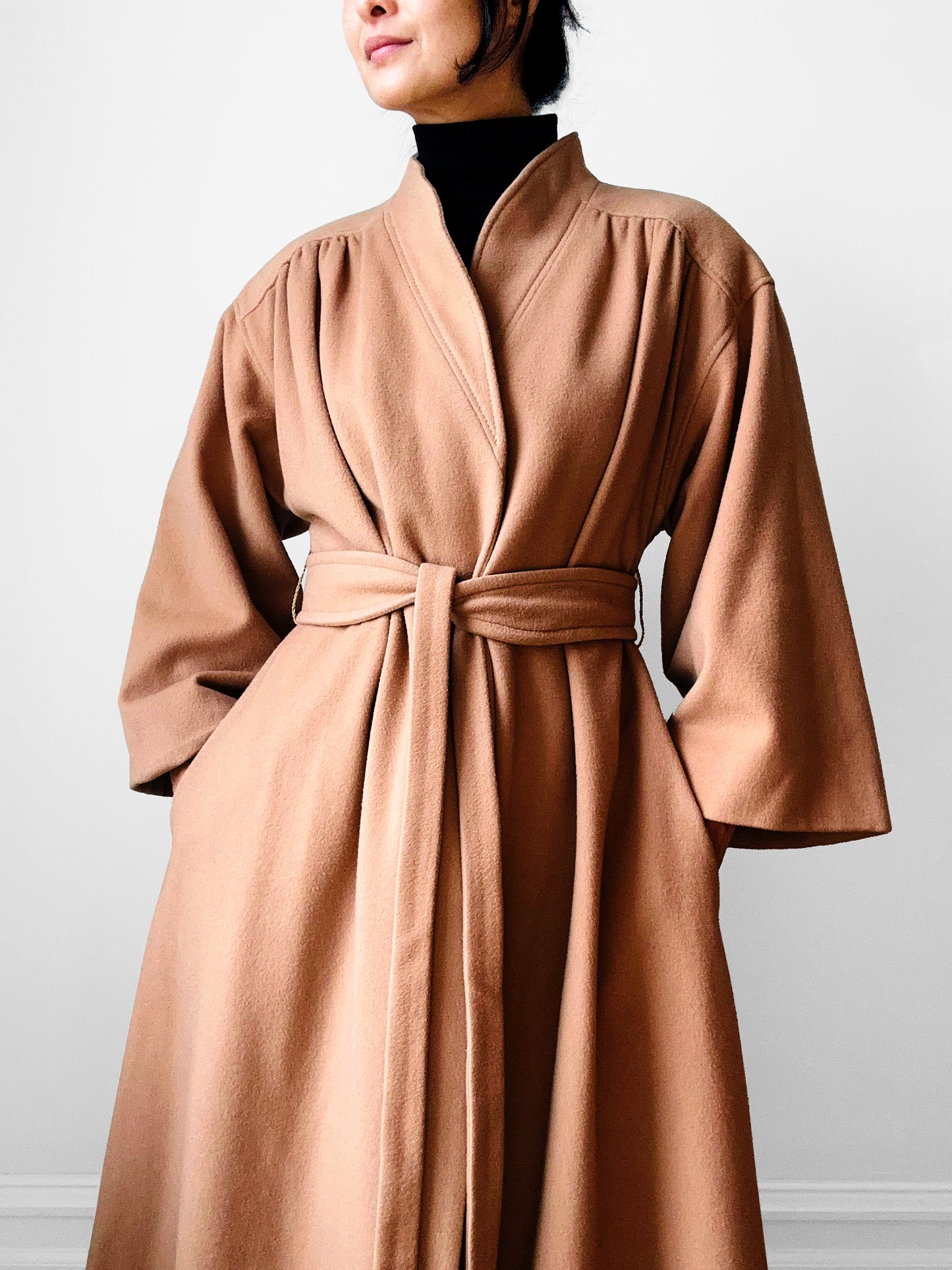 1960s Camel Toned Wool Robe-Style Belted Coat  - Sz. Small