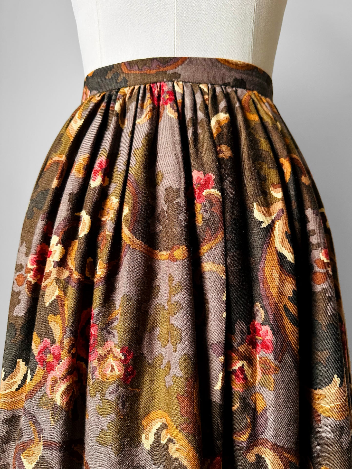 1980s Olive and Pink Pixel Floral Wool Skirt - Sz. XS/Sm