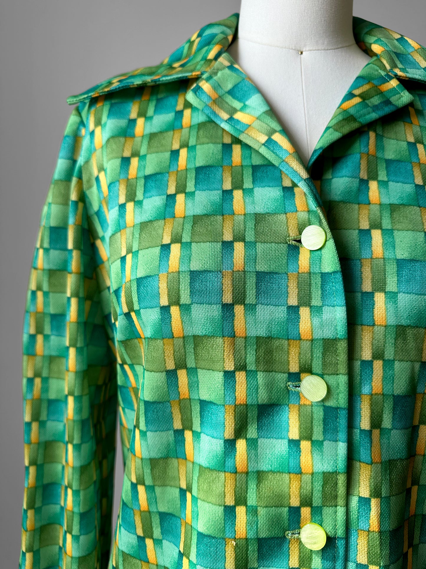 1960s - 1970s Apple Green Window Pane Patterned Button Up Shirt  - Sz. Sm