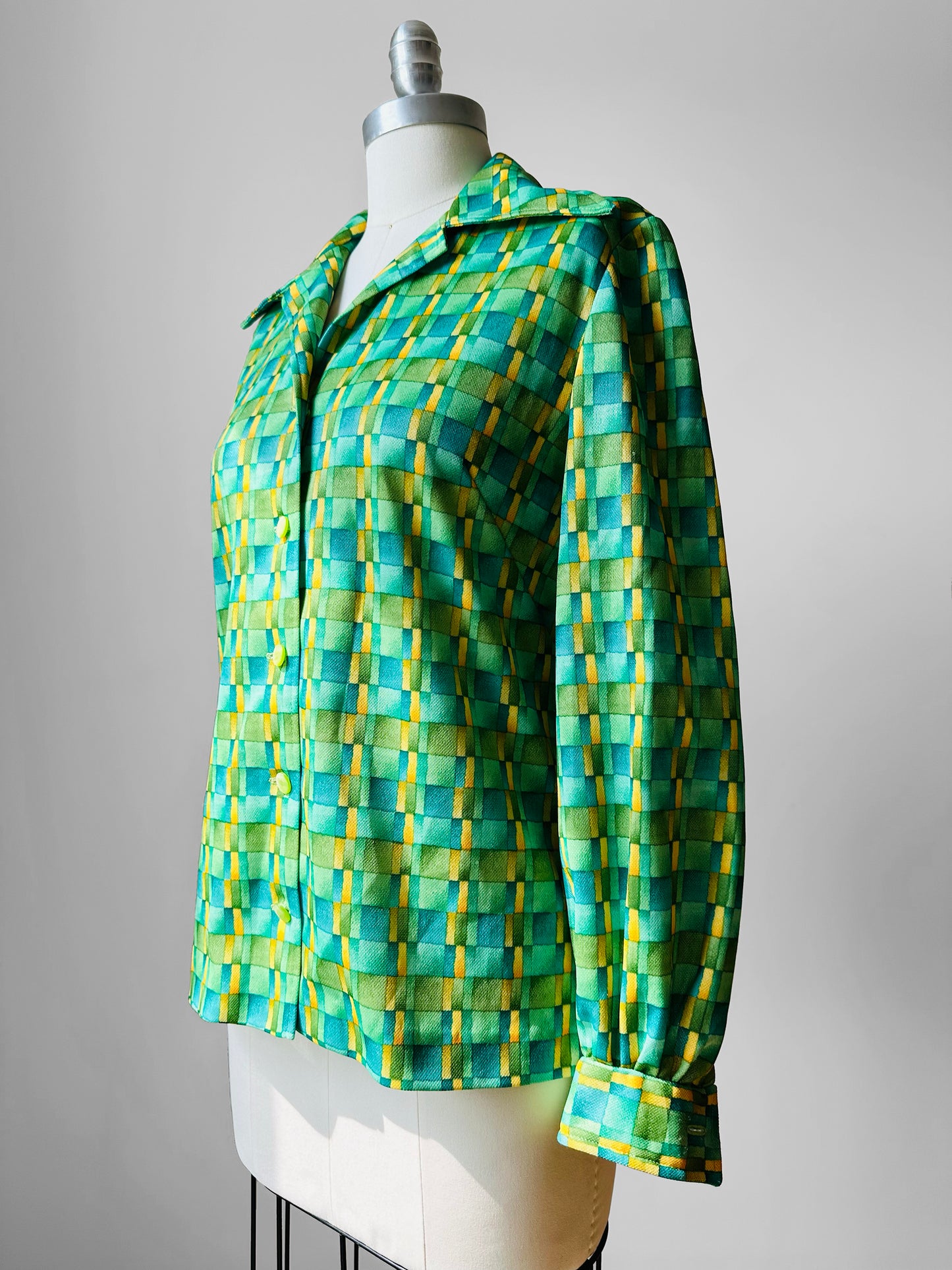 1960s - 1970s Apple Green Window Pane Patterned Button Up Shirt  - Sz. Sm