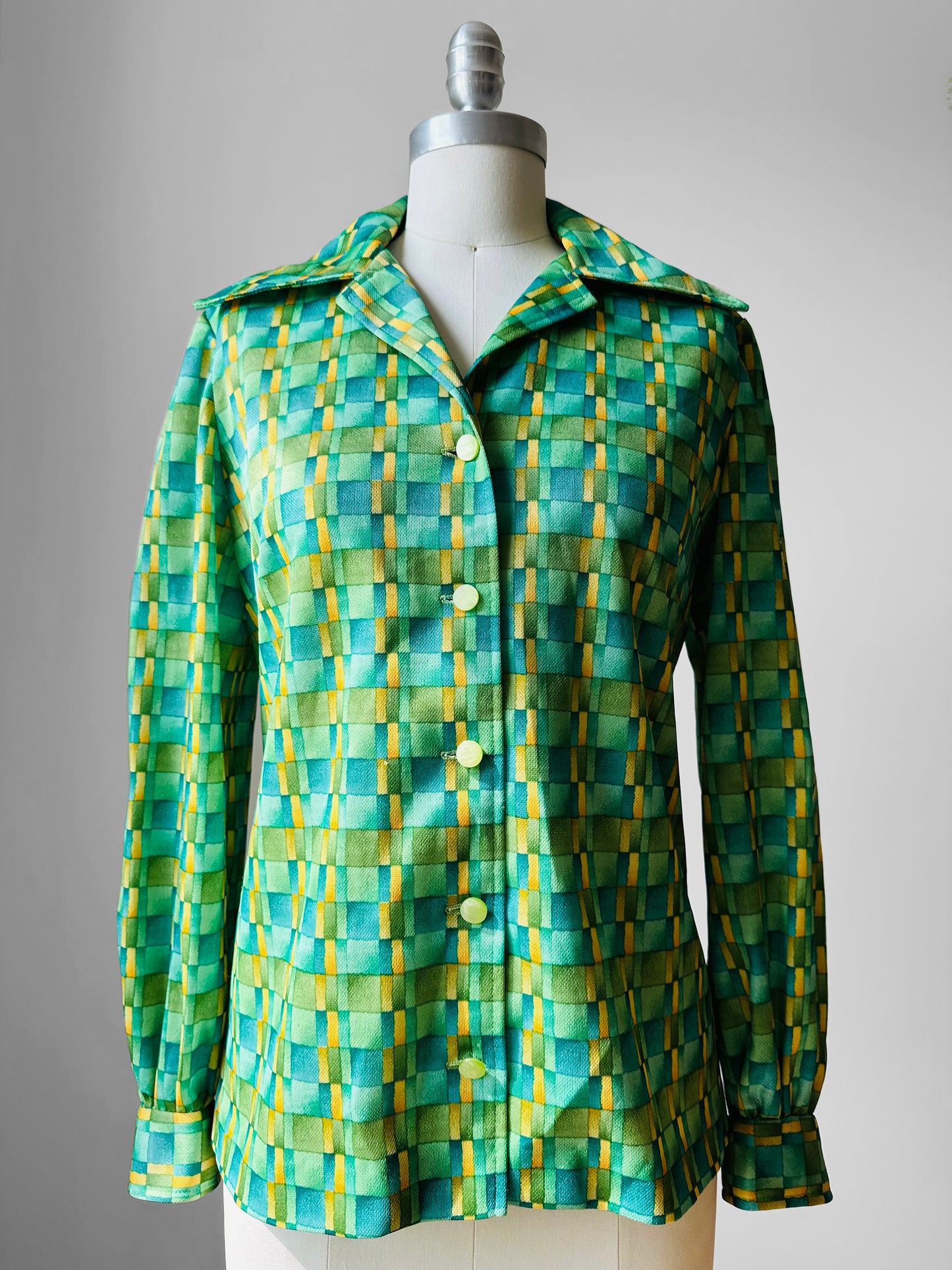 1960s - 1970s Apple Green Window Pane Patterned Button Up Shirt  - Sz. Sm