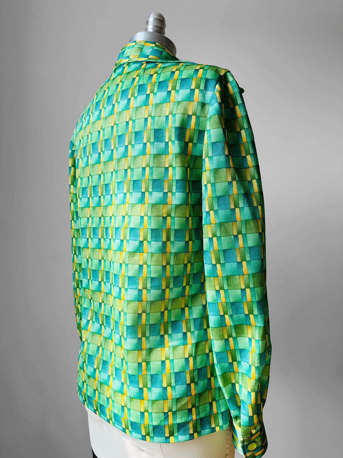 1960s - 1970s Apple Green Window Pane Patterned Button Up Shirt  - Sz. Sm