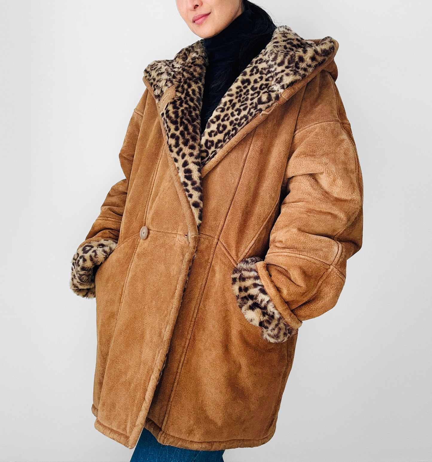 1980s Daniel Hechter Tan Suede and Faux Fur Leopard Print Hooded Jacket - Sz. M/L