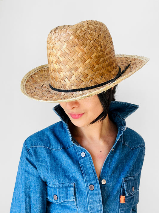 1970s Wide-Brimmed Straw Woven Farmer Style Summer Sun Hat