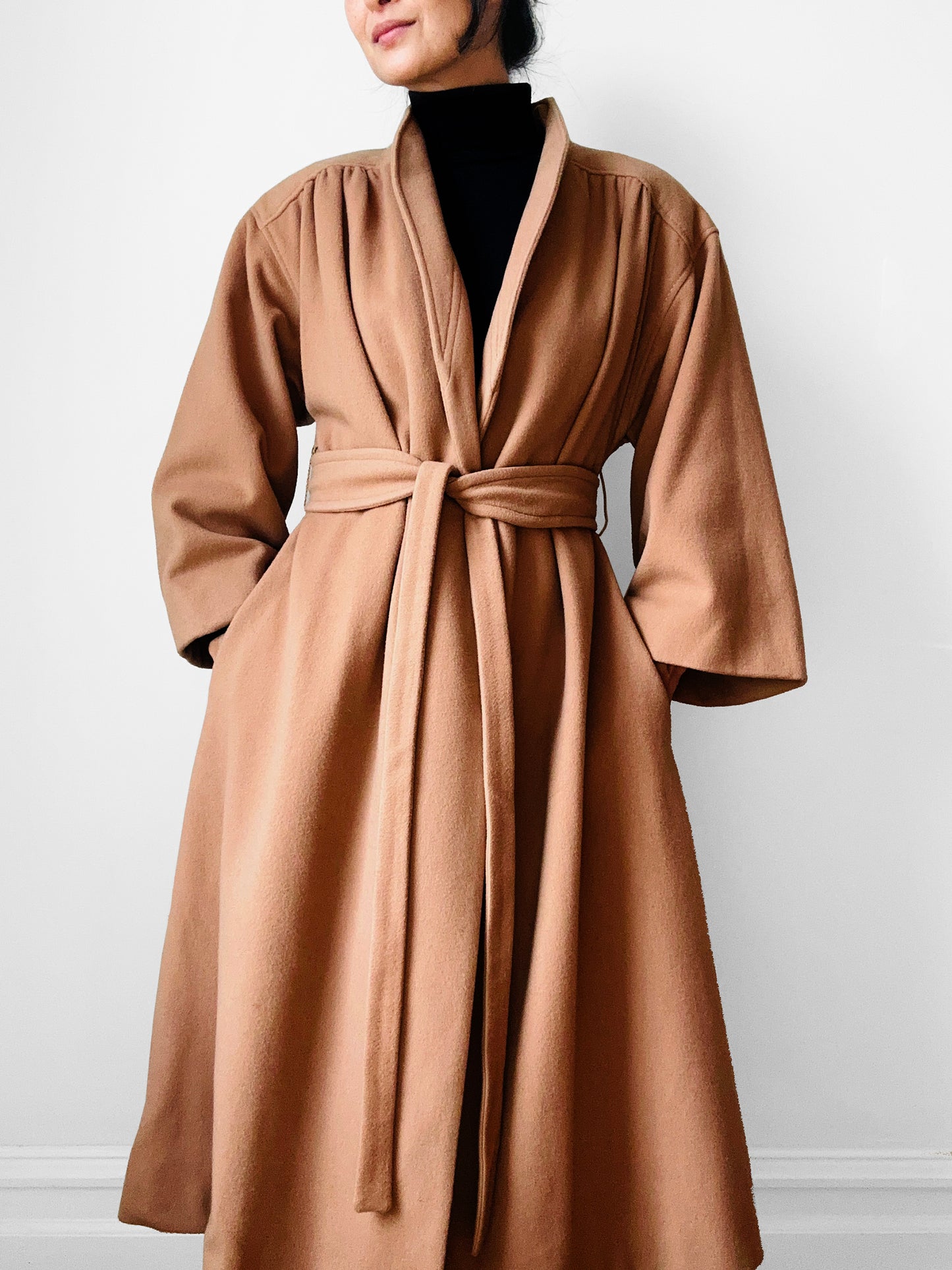 1960s Camel Toned Wool Robe-Style Belted Coat  - Sz. Small