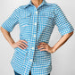 Vintage 1960s Sky Blue and White Houndstooth Print Short Sleeve Button Up Collared Shirt - Sz. S