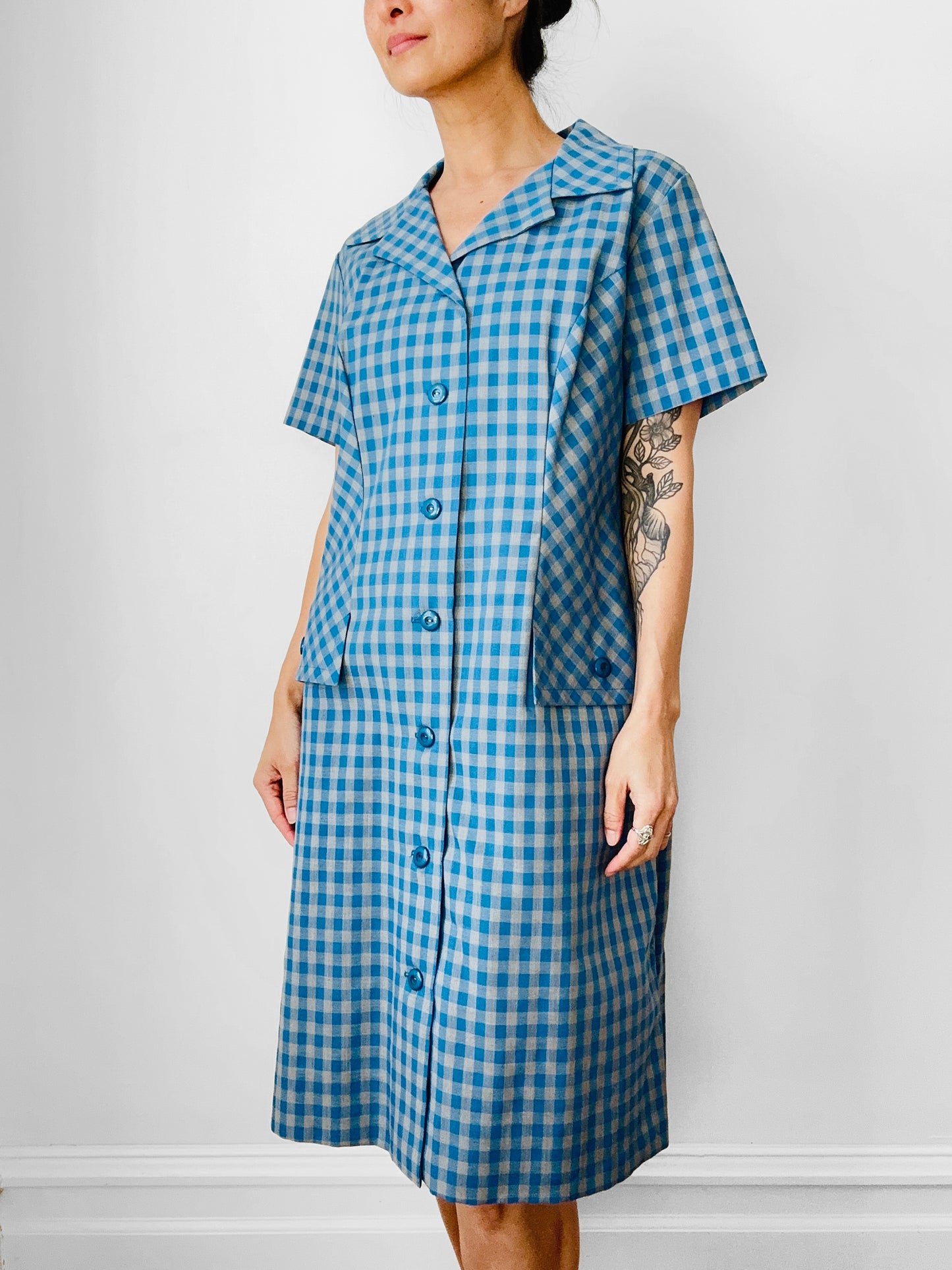 Vintage 1950s - 1960s Blue and Grey Gingham Handmade Button Front Cotton Shift Dress - Sz. M