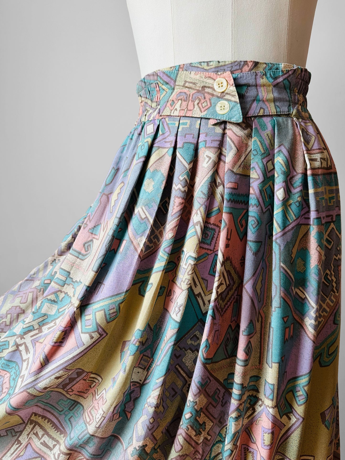 1980s Multi Tonal Pastel Patterned Skirt - Sz. L/XL