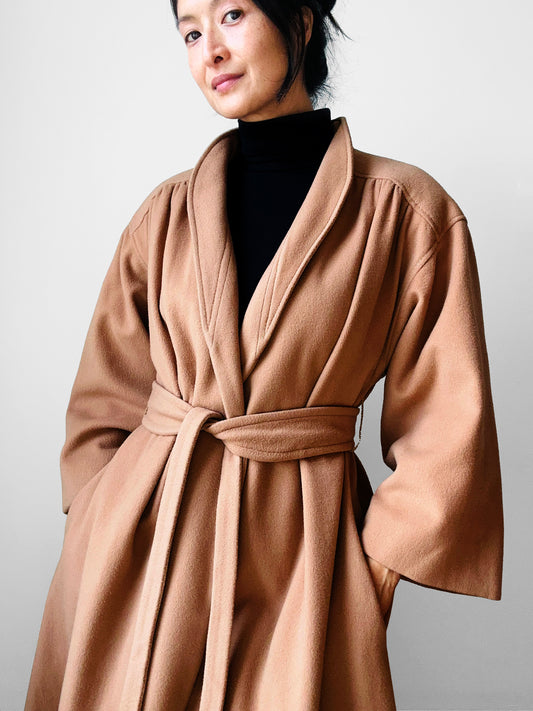 1960s Camel Toned Wool Robe-Style Belted Coat  - Sz. Small