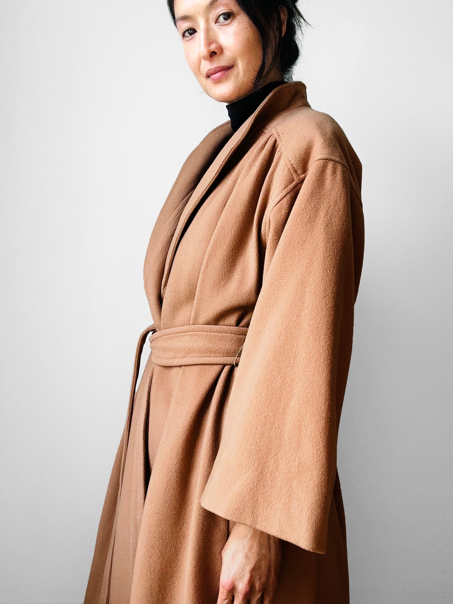 1960s Camel Toned Wool Robe-Style Belted Coat  - Sz. Small