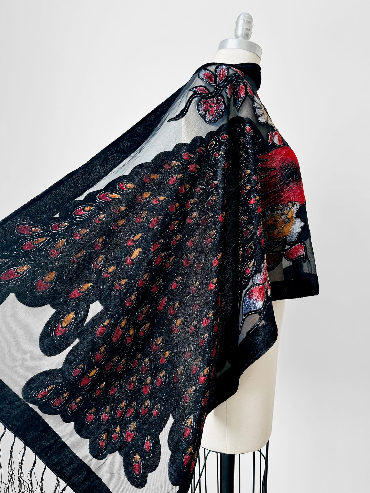 Large Peacock Floral Velour Semi Sheer Fringe Scarf