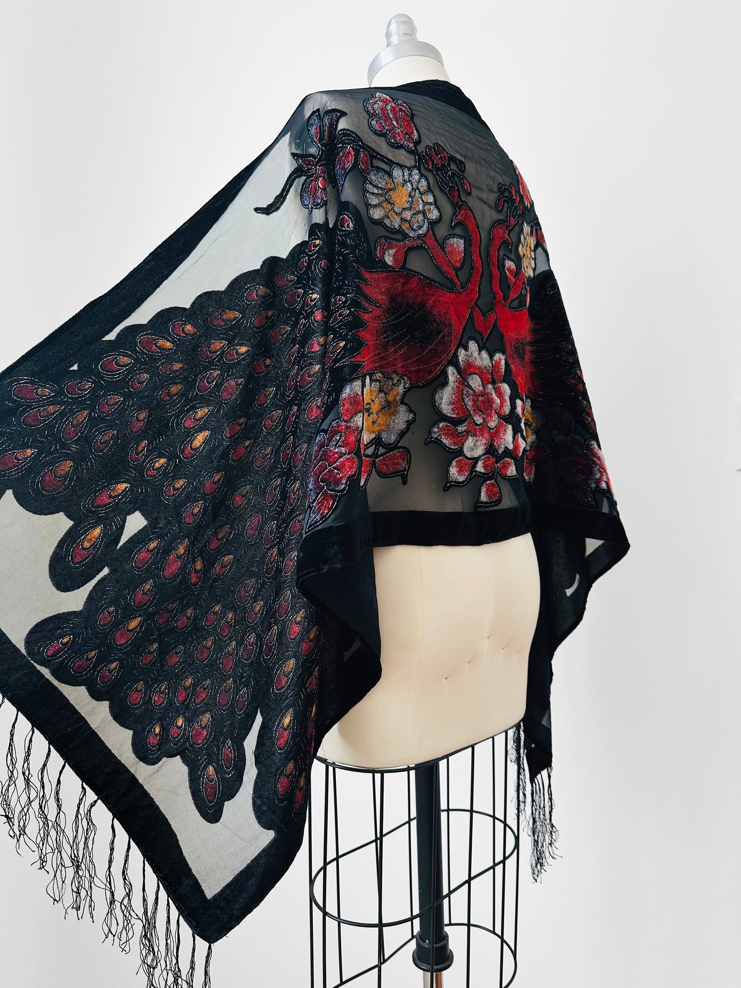 Large Peacock Floral Velour Semi Sheer Fringe Scarf