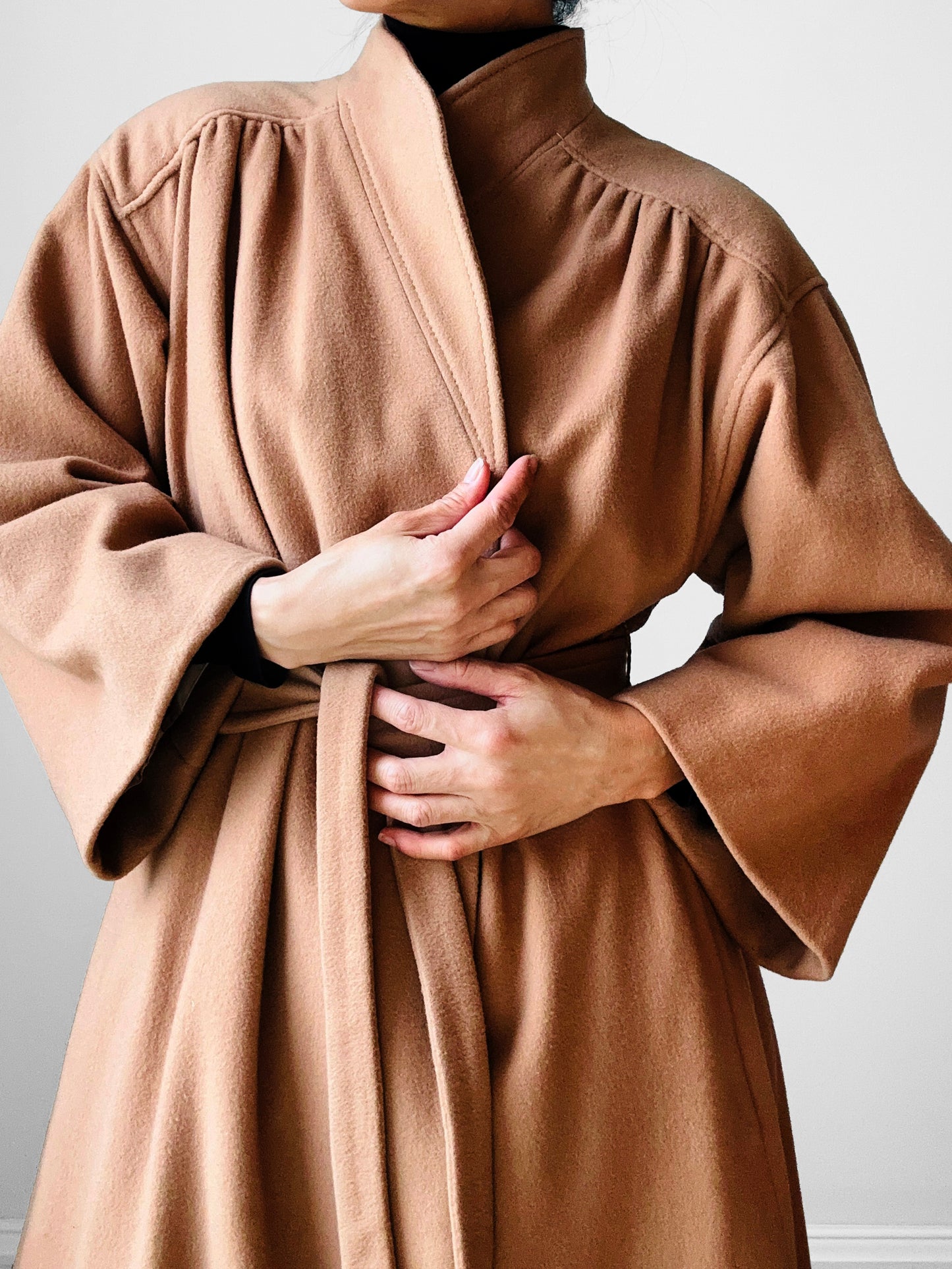 1960s Camel Toned Wool Robe-Style Belted Coat  - Sz. Small