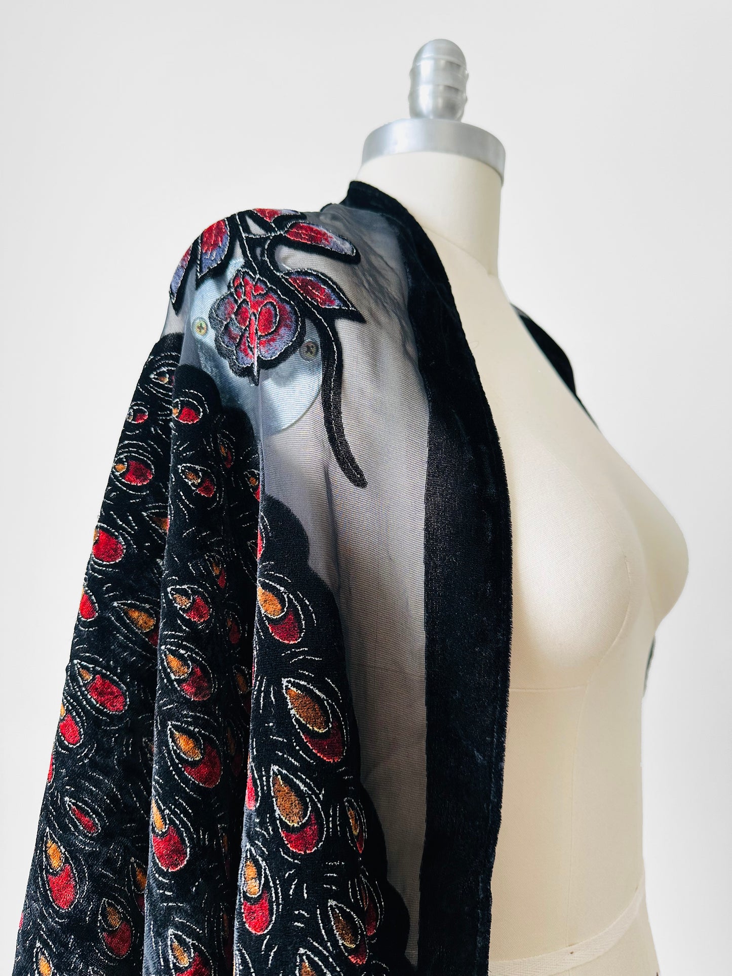 Large Peacock Floral Velour Semi Sheer Fringe Scarf