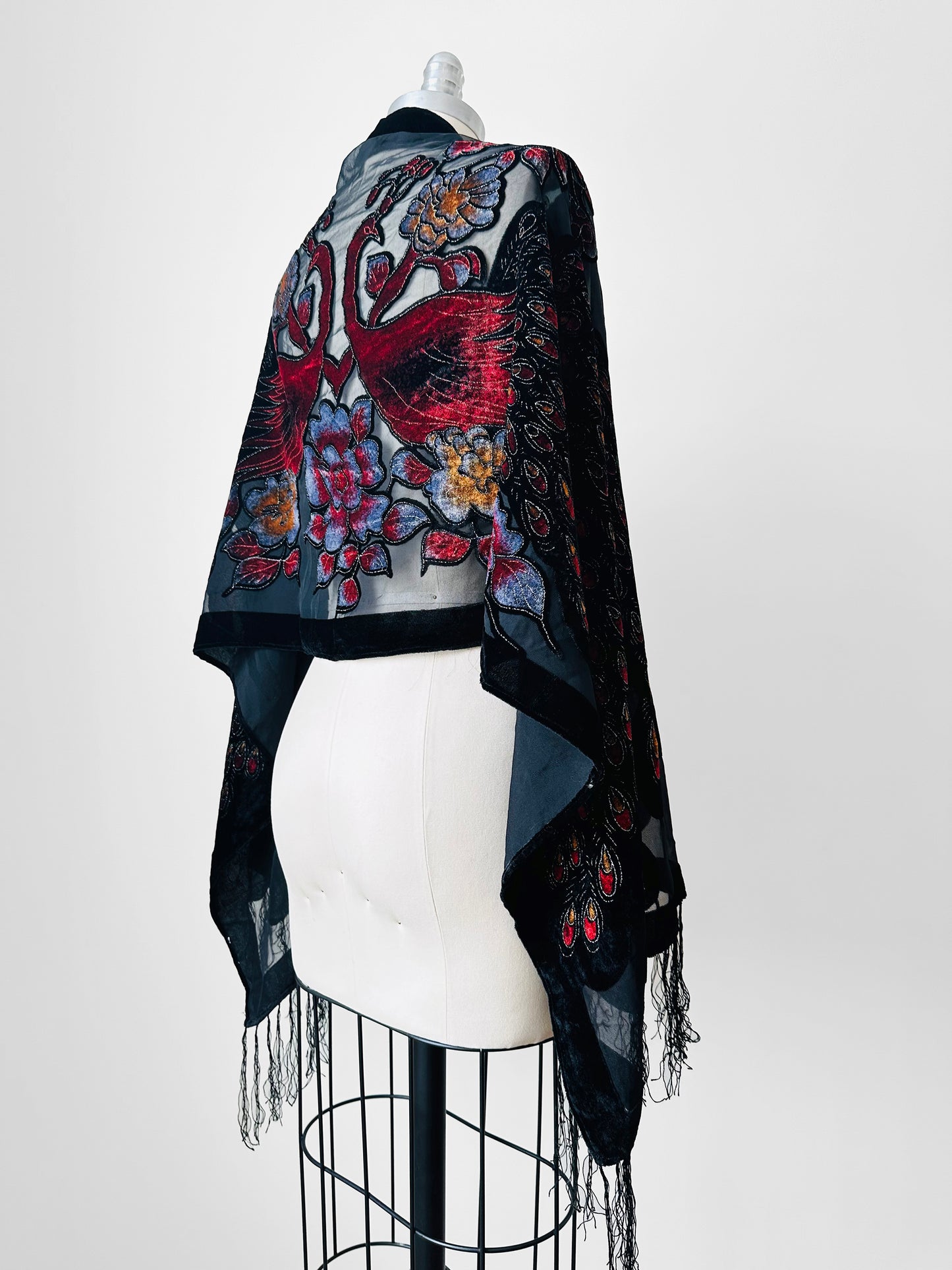 Large Peacock Floral Velour Semi Sheer Fringe Scarf