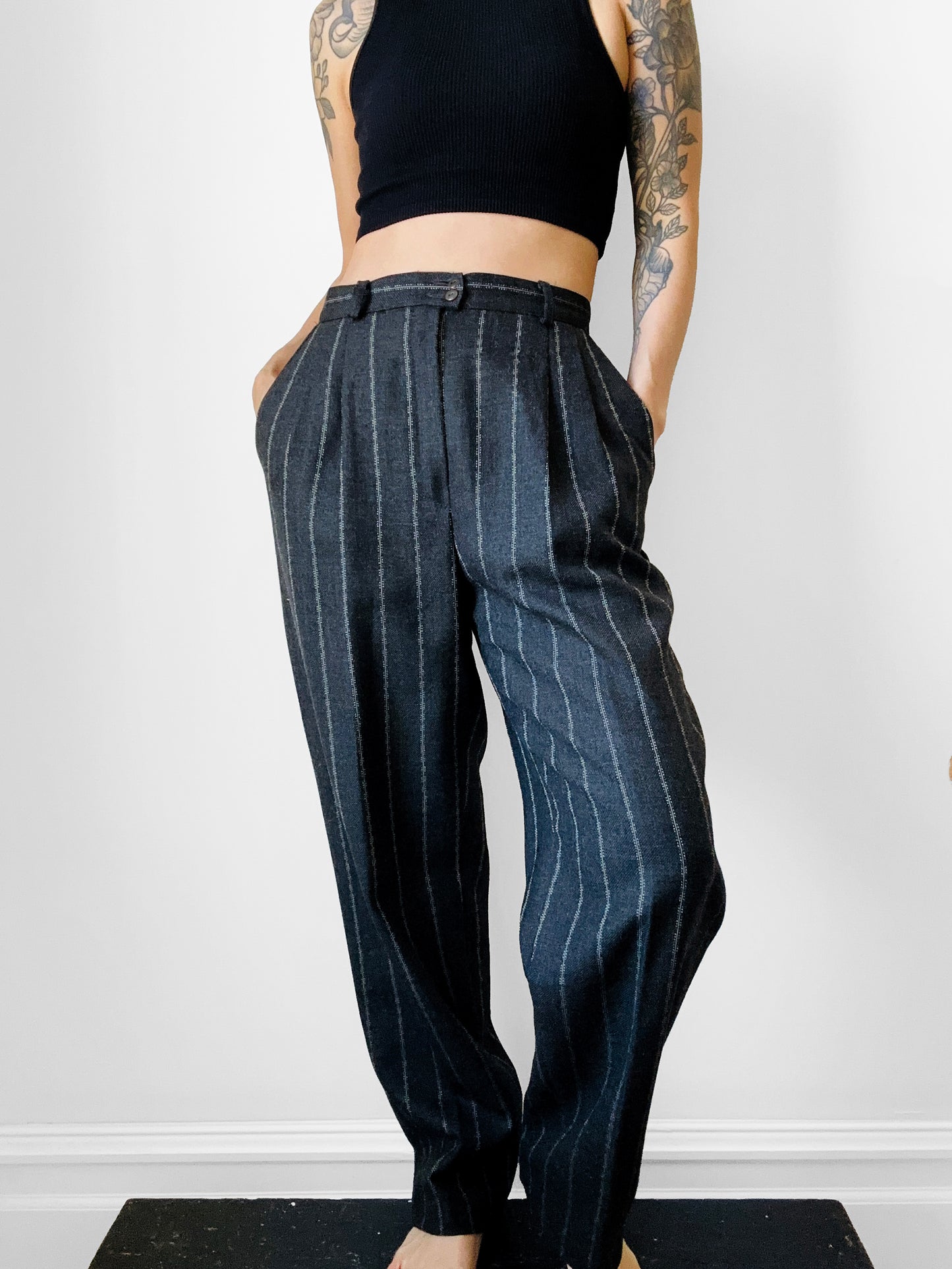 1980s Charcoal Pinstripe Pleated High-Waisted Tapered Leg Wool Trousers - Waist 27.5