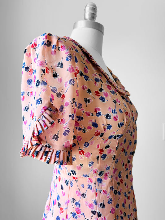 1990s - 2000s Blush Peach Pink Patterned Pleated Trim Dress - Sz. XXS/XS