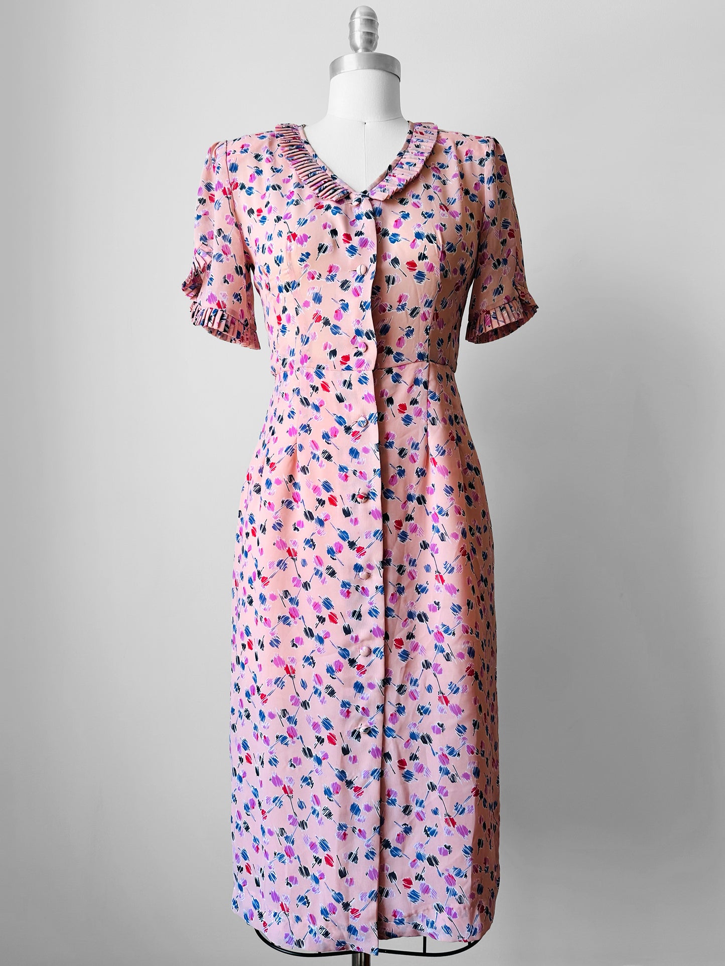 1990s - 2000s Blush Peach Pink Patterned Pleated Trim Dress - Sz. XXS/XS