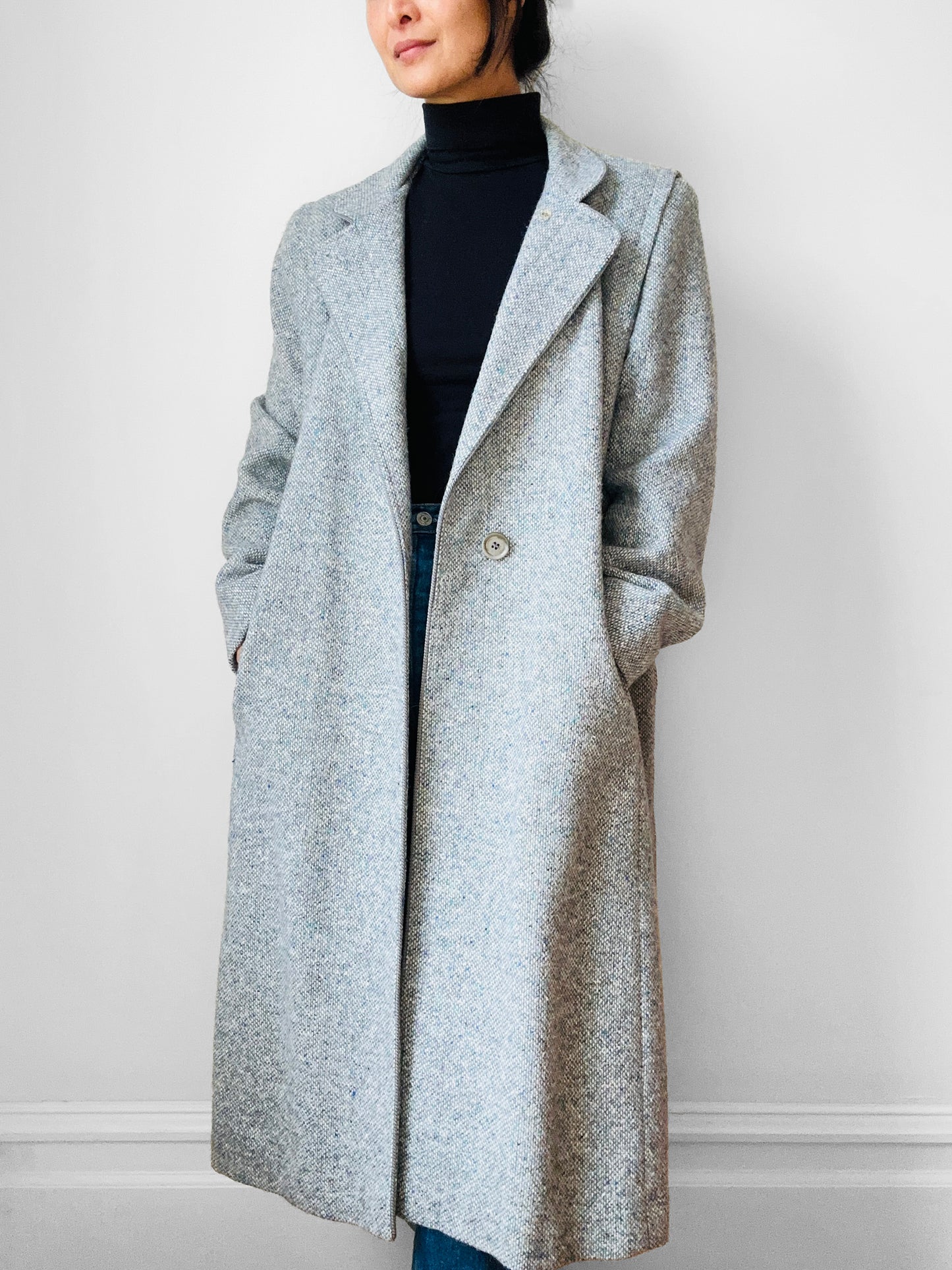 1970s - 1980s Slate Grey Mandarin Collar Wool Tweed Belted Coat - Sz. Sm