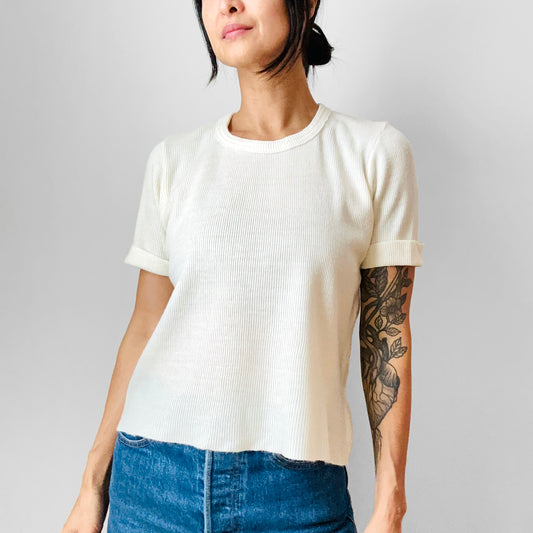 Cream Ribbed Crew Neck Short Sleeve Knit Top- Sz. S/M