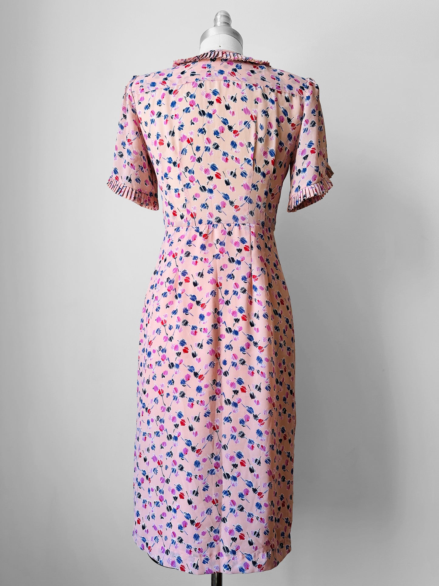 1990s - 2000s Blush Peach Pink Patterned Pleated Trim Dress - Sz. XXS/XS