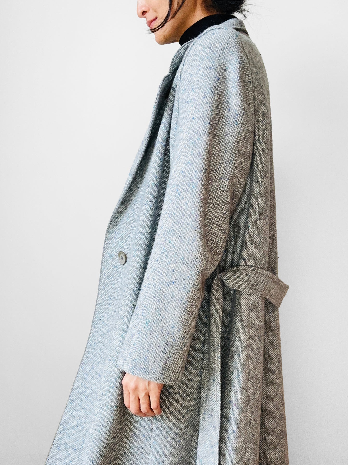 1970s - 1980s Slate Grey Mandarin Collar Wool Tweed Belted Coat - Sz. Sm