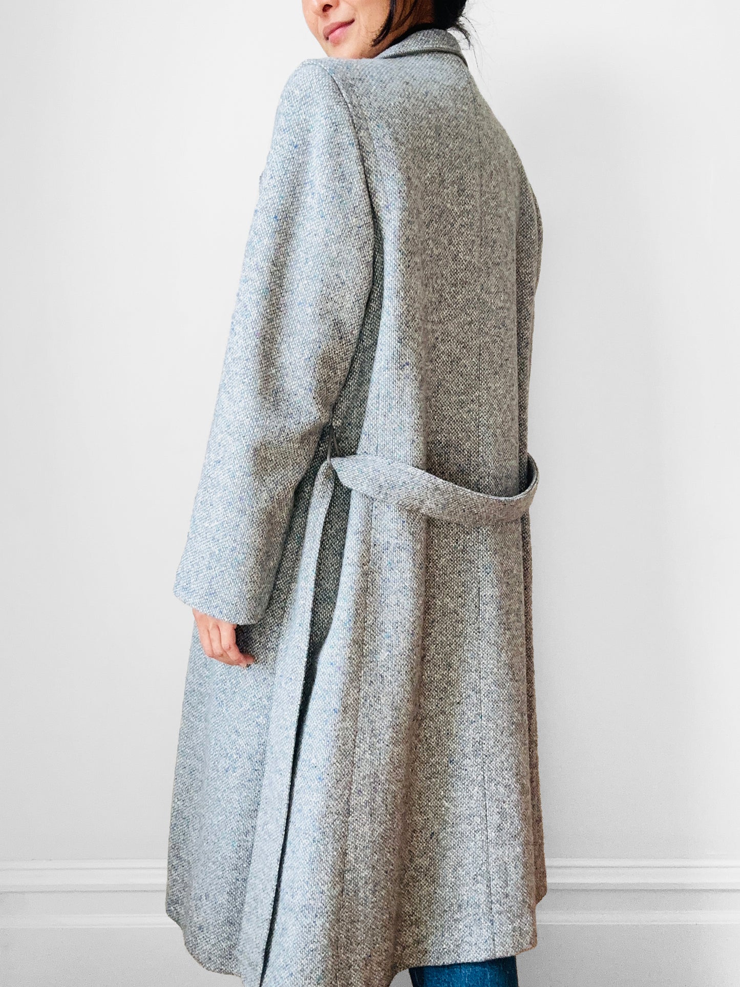 1970s - 1980s Slate Grey Mandarin Collar Wool Tweed Belted Coat - Sz. Sm