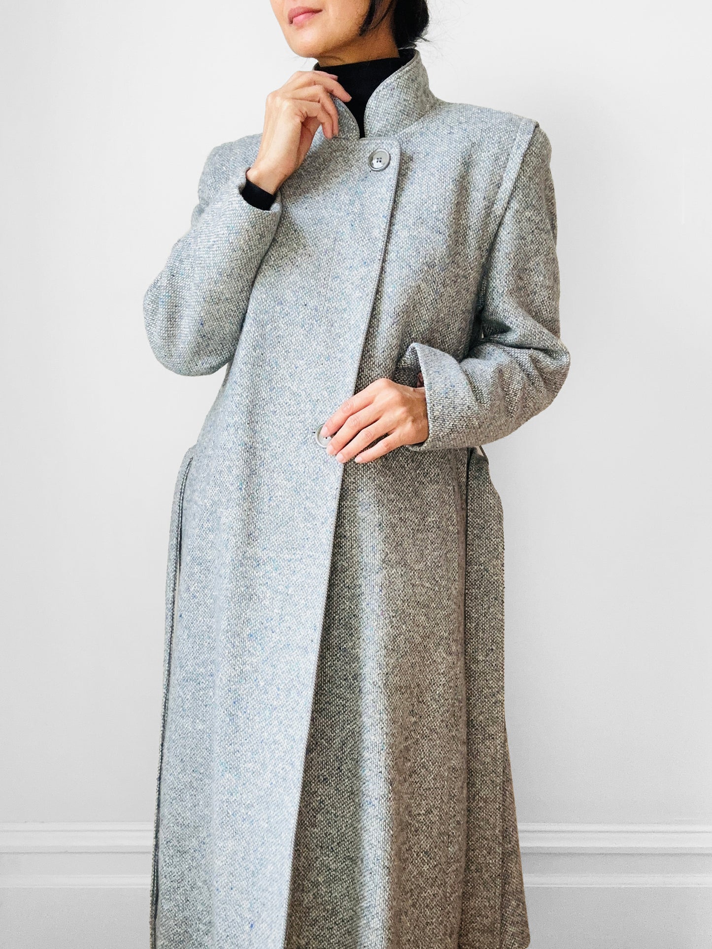 1970s - 1980s Slate Grey Mandarin Collar Wool Tweed Belted Coat - Sz. Sm
