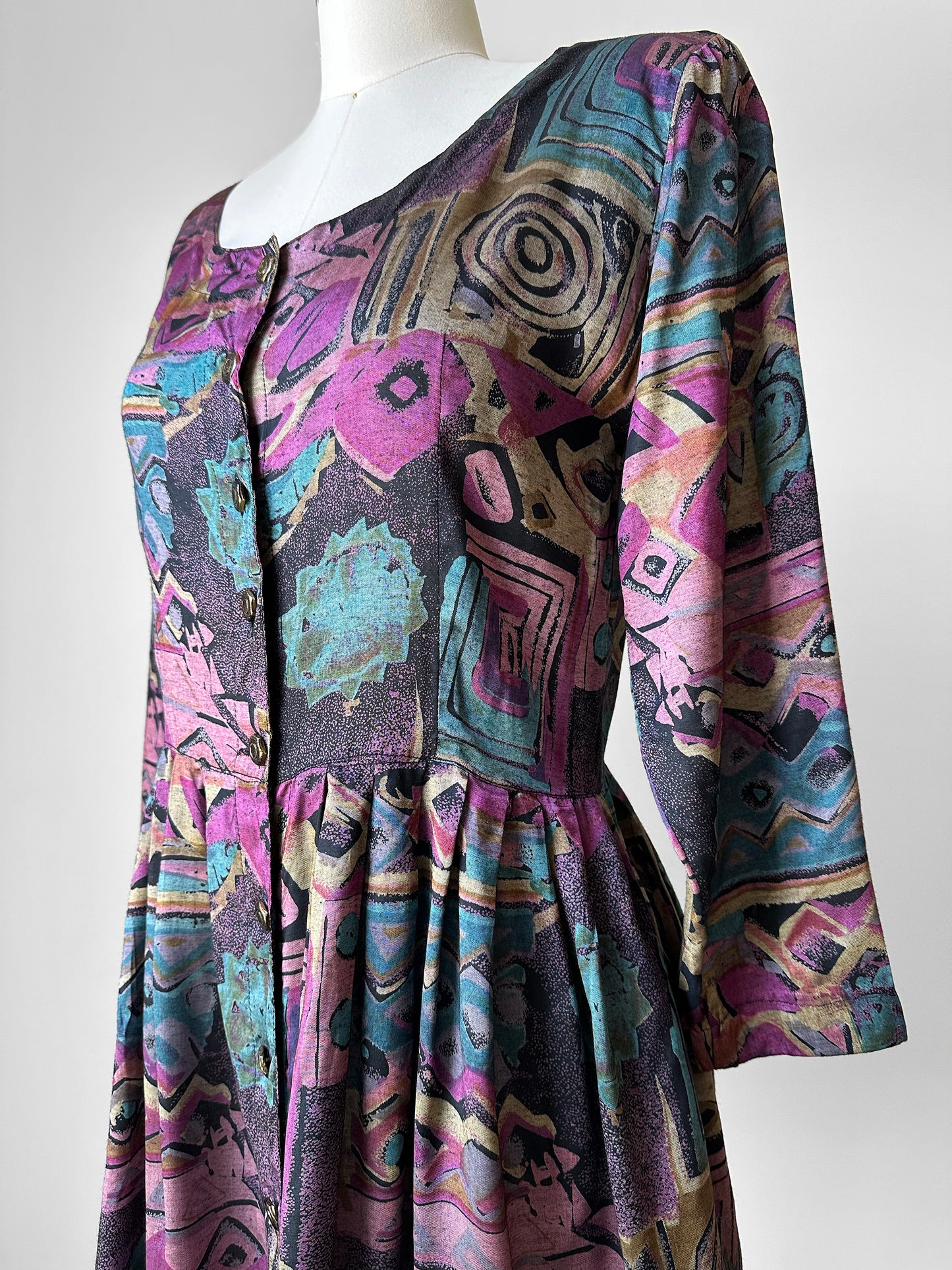 1980s Patterned Button Front Tunic Dress- Sz. Sm