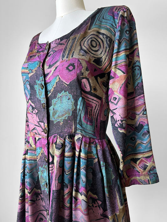1980s Patterned Button Front Tunic Dress- Sz. Sm