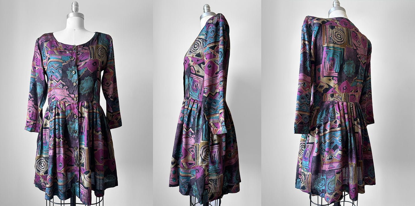 1980s Patterned Button Front Tunic Dress- Sz. Sm