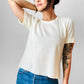 Cream Ribbed Crew Neck Short Sleeve Knit Top- Sz. S/M