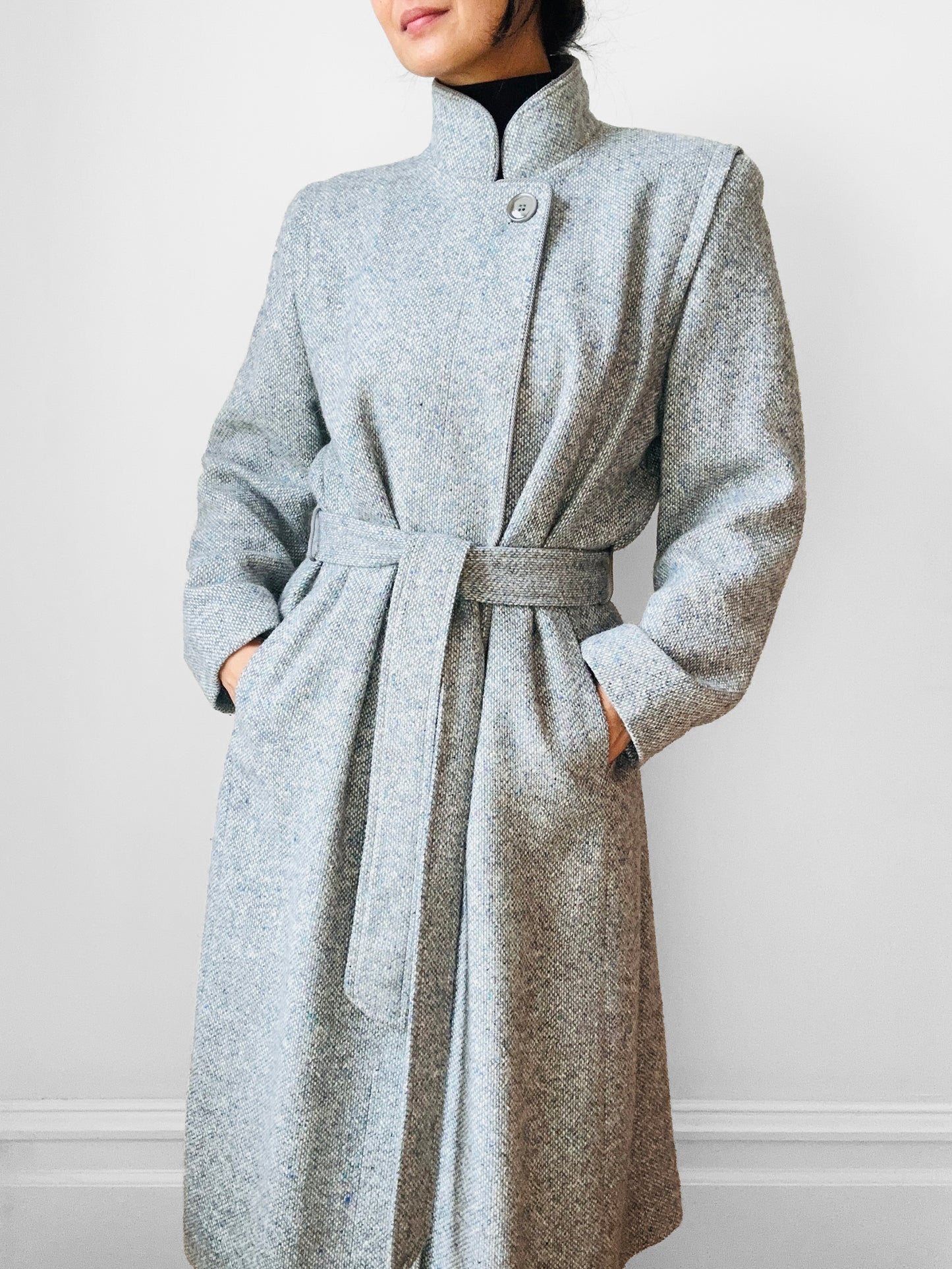 1970s - 1980s Slate Grey Mandarin Collar Wool Tweed Belted Coat - Sz. Sm