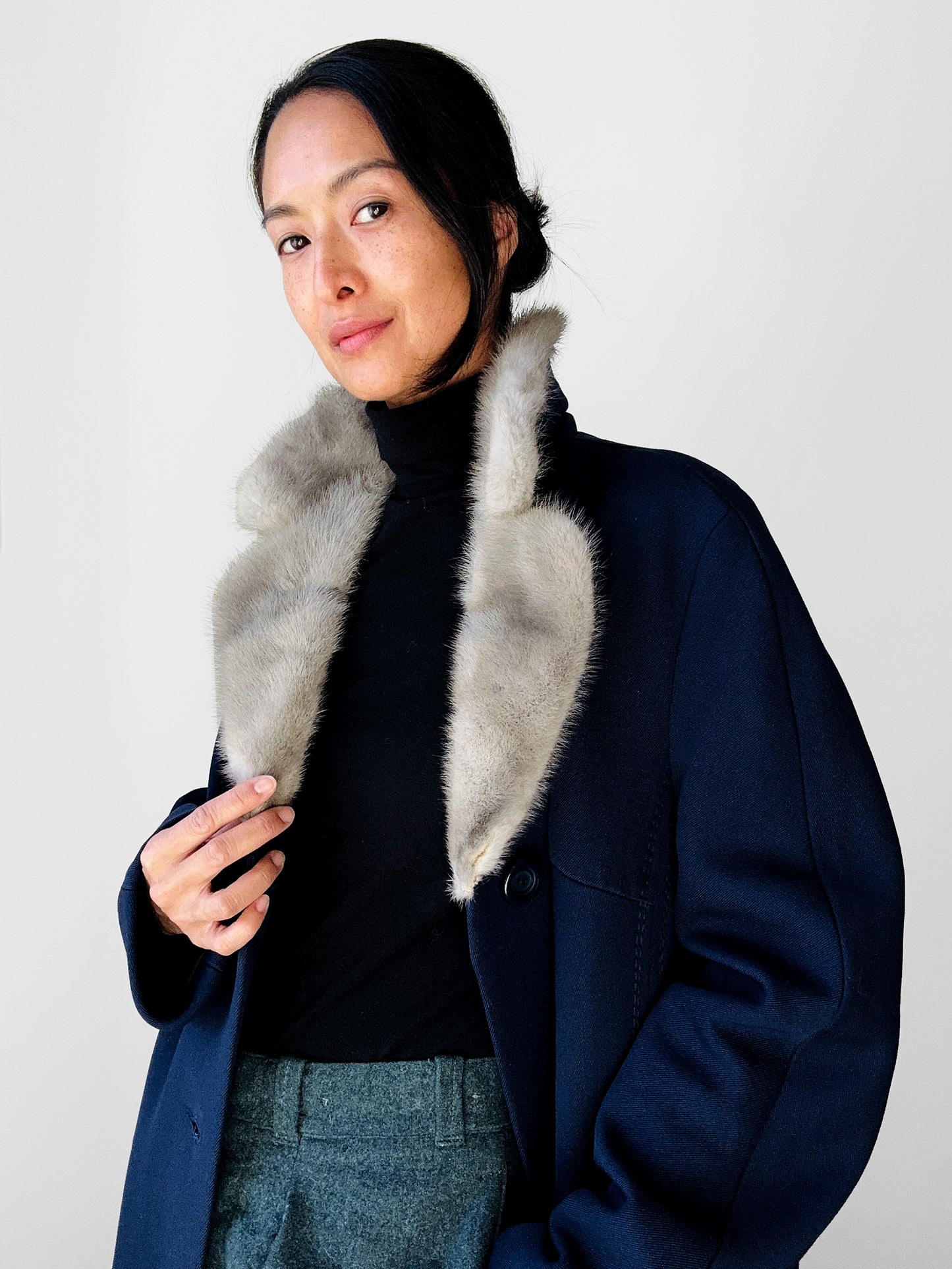 1950s - 1960s Navy Blue Fur Collared Overcoat