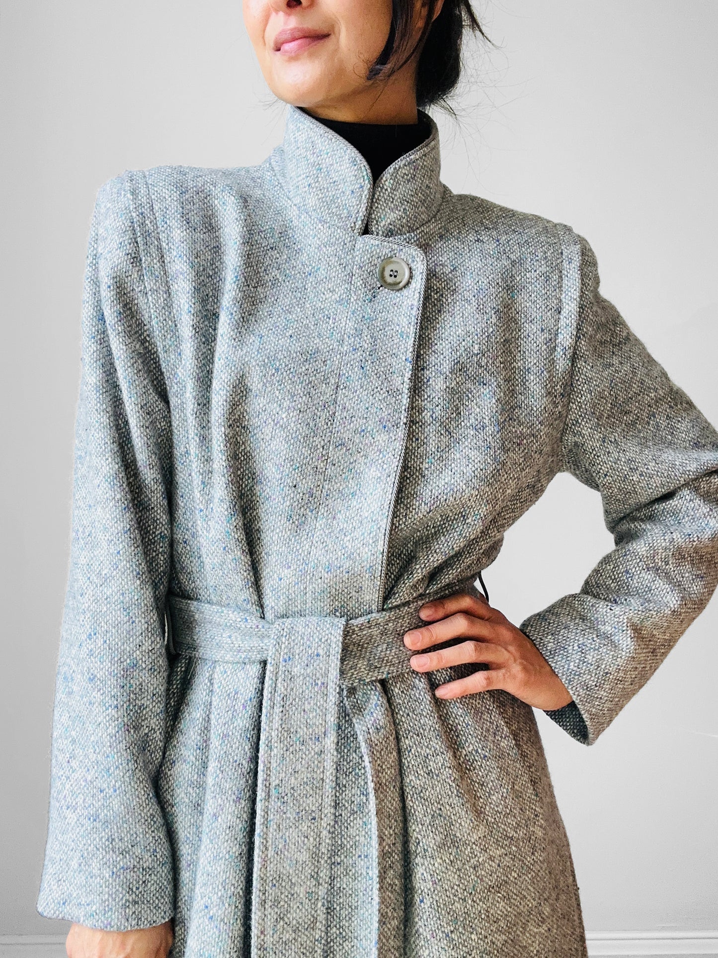 1970s - 1980s Slate Grey Mandarin Collar Wool Tweed Belted Coat - Sz. Sm